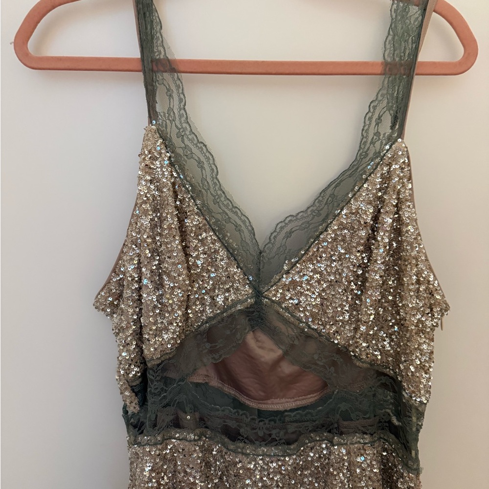 Never Fully Dressed Gold Sequin Chemise with Green Lace - Picture 2 of 5